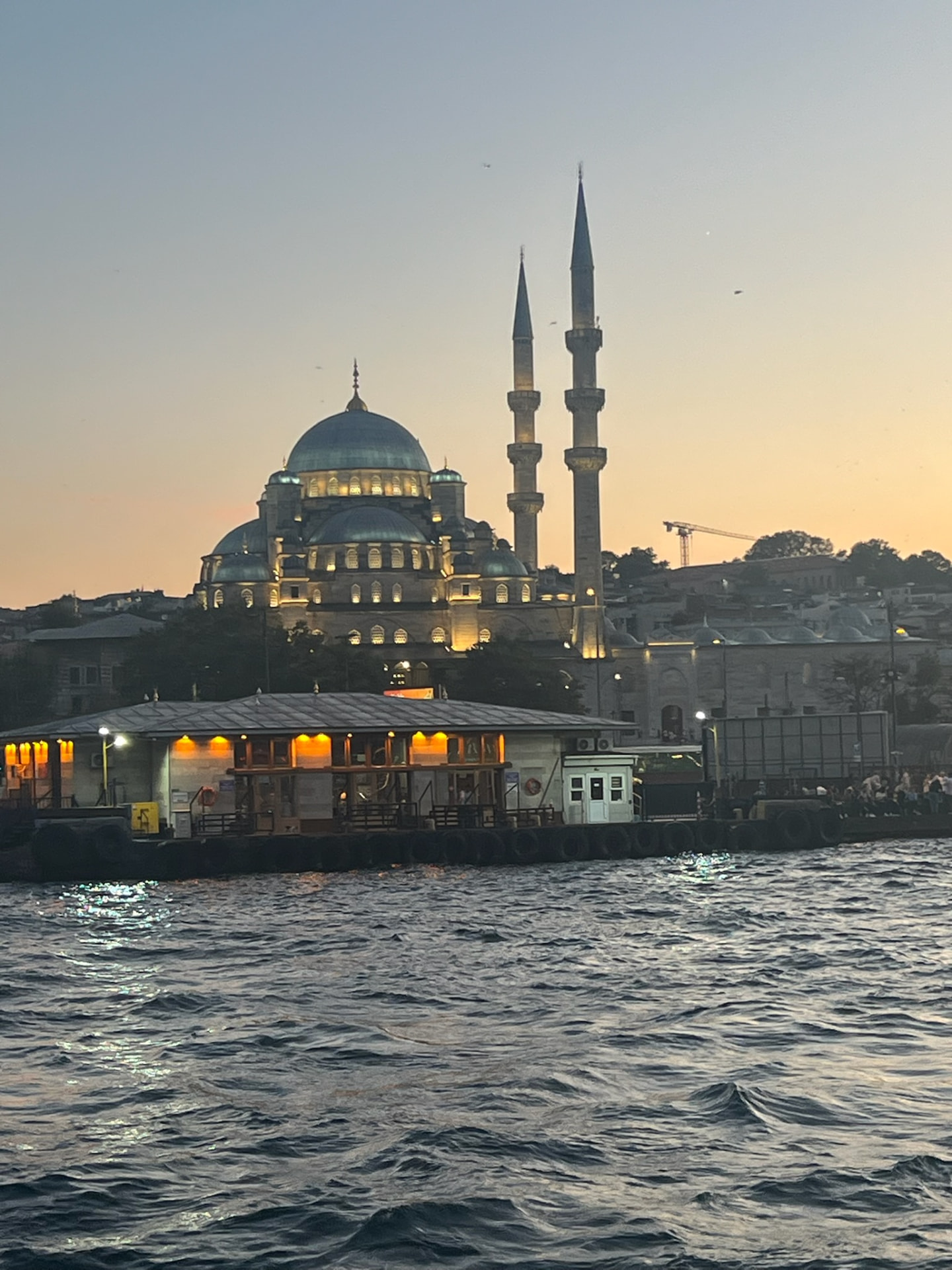 A mosque lit up at dusk across the water