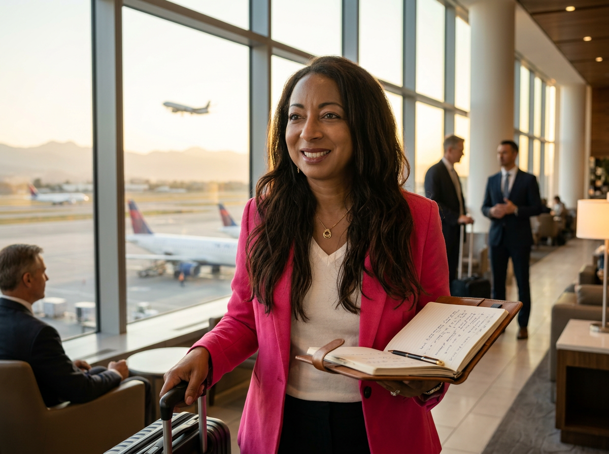Anny Sanchez-Rossetto, founder of Bellaruta, in travel mode at an airport lounge with journal and suitcase