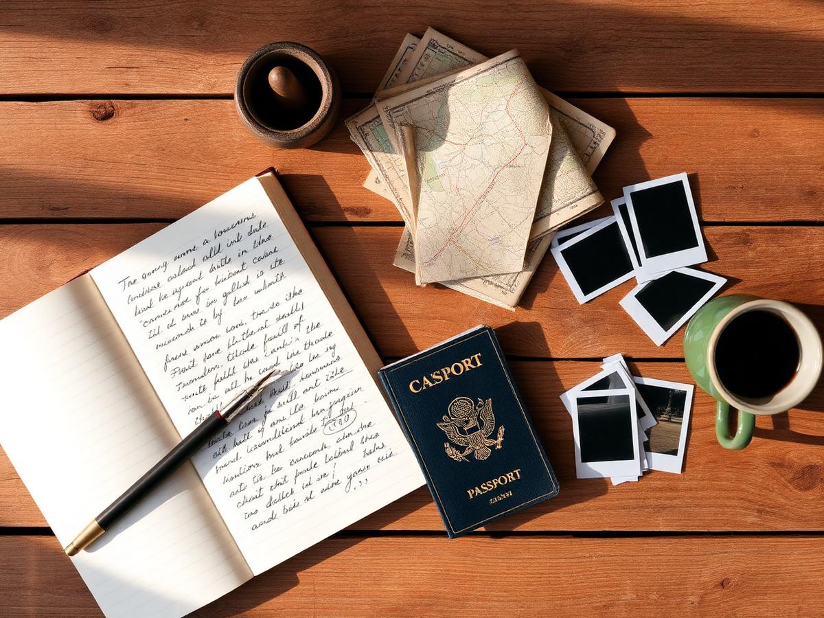 A handwritten travel journal, maps, and passport on a wooden table