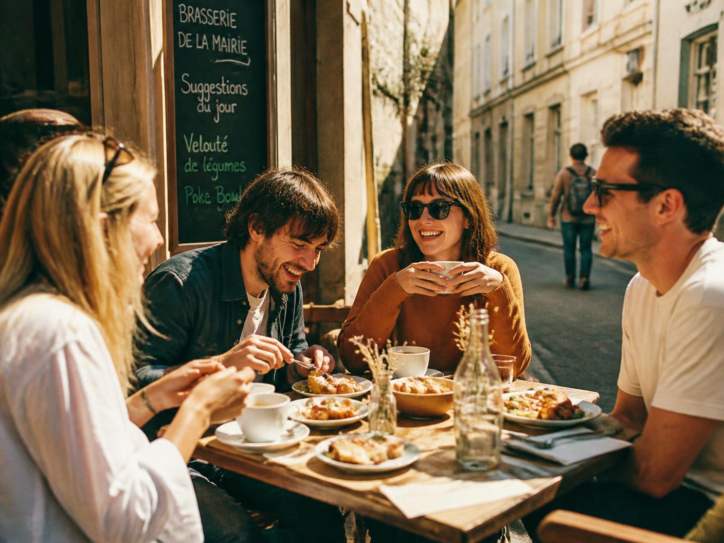 Friends sharing breakfast at a sunny cafe table on a morning street