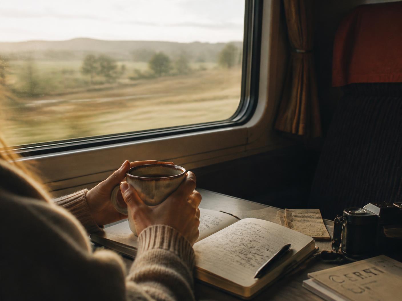 Hands holding a warm cup at a train window as the countryside passes